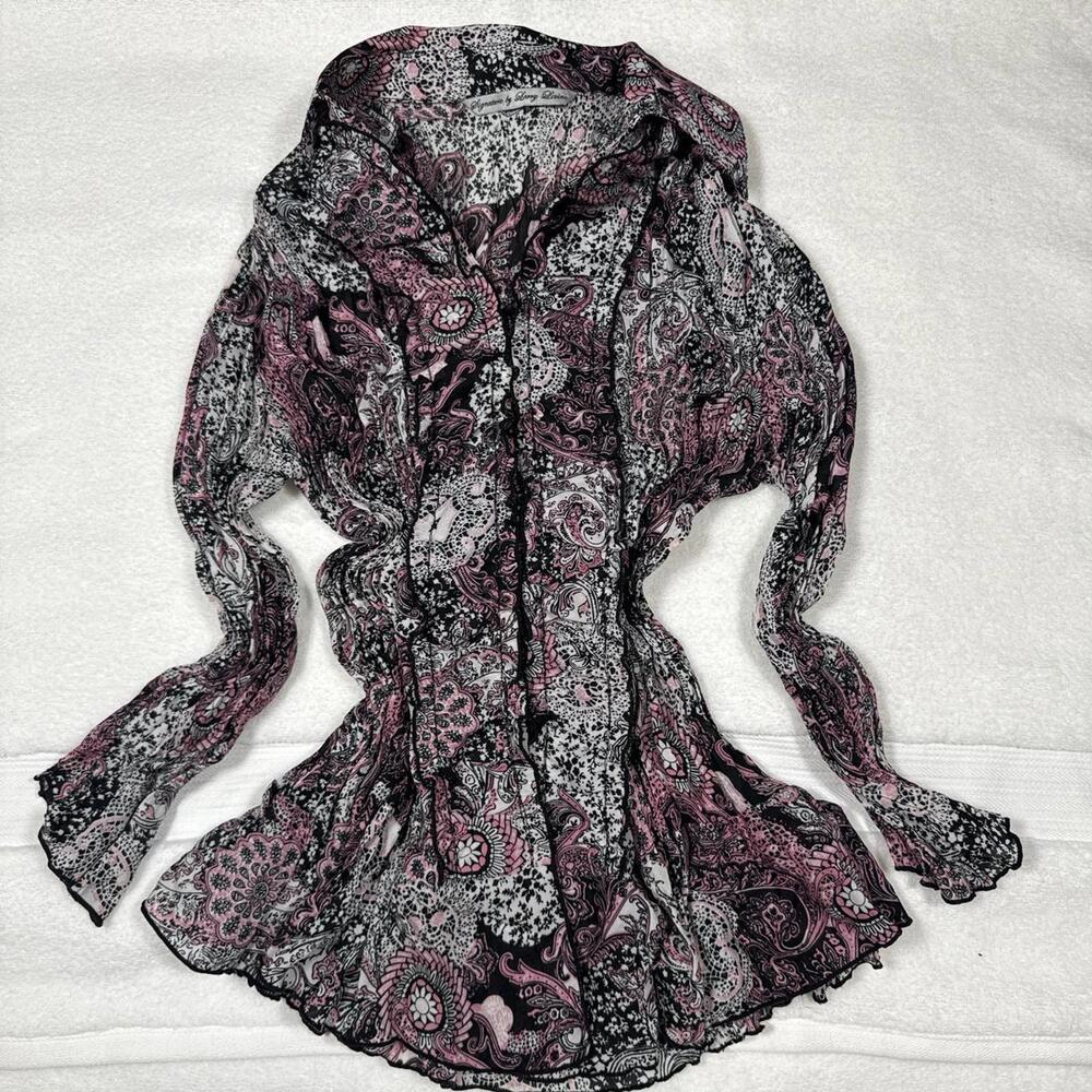 y2k pink and black office siren paisley ruffled blouse